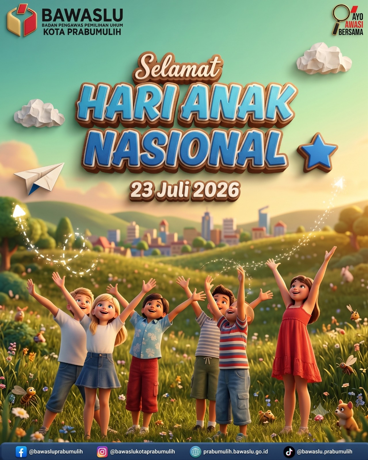 Bawaslu Kota Prabumulih memandang bahwa Hari Anak Nasional bukan sekadar peringatan tahunan, melainkan refleksi bersama untuk membangun generasi penerus bangsa yang memiliki karakter, integritas, kepedulian sosial, serta kesadaran terhadap nilai-nilai demokrasi sejak usia dini. Anak-anak merupakan aset bangsa yang kelak akan menjadi pemimpin masa depan. Oleh sebab itu, pemenuhan hak atas pendidikan, kesehatan, perlindungan, partisipasi, dan tumbuh kembang yang optimal harus menjadi prioritas bersama.